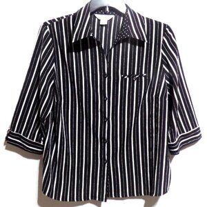 ALLISON DALEY Women’s Black & White Stripe, 3/4 Sleeve, Button Down Top – 16 P